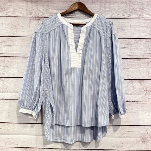 LOFT Striped Popover Blouse Size XL Blue White Split Neck 3/4 Sleeve Cotton Top - Picture 1 of 10